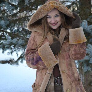 Italian suede shearling sheepskin long winter coat tan beige brown Med Large XL